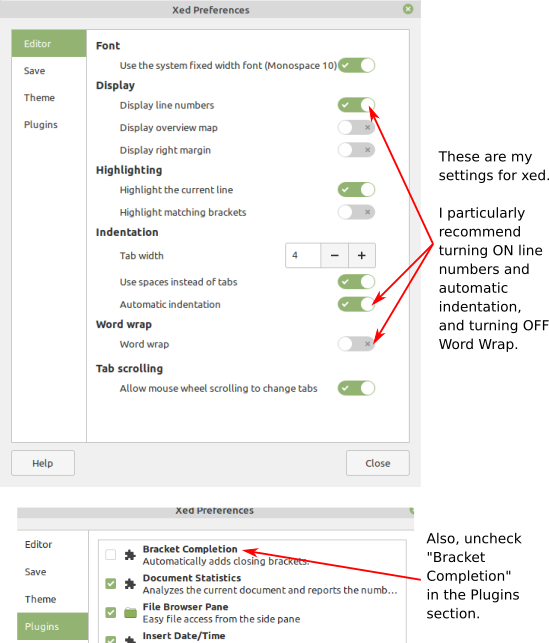 Xed Preferences Settings Dialog