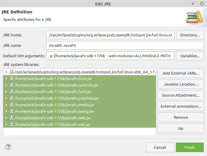 editing a JRE to add support for JavaFX to Eclipse